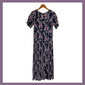 Vintage Rayon Floral Maxi Dress Black Pink Purple Size L Broadway Star